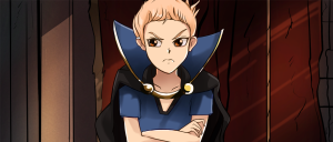 Determined cartoon boy with blond hair and a blue tunic, arms crossed, standing in a dark dungeon-like corridor.