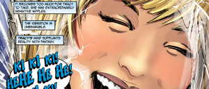 Close-up of a blonde woman with eyes closed and mouth open in a euphoric laugh, cheeks flushed, with comic narration boxes and a bold laughter bubble reading 'KI KI KI... HEHE' nearby.