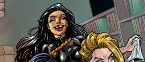 Comic-style illustration of three women laughing together in a library setting.
