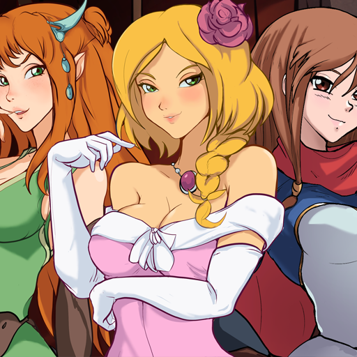 Three anime-style women posing together, centered on a blonde in a pink gown with white gloves and a purple rose in hair.