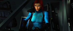 Female astronaut in a blue suit sits in a spaceship cockpit, gripping controls, focused on mission ahead.