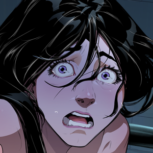 Close-up of a woman with wide purple eyes and black hair, terrified expression and a tear on her cheek.