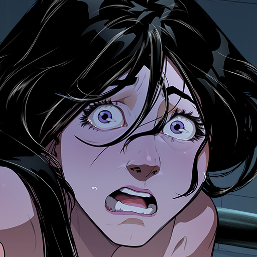 Close-up of a woman with wide purple eyes and black hair, terrified expression and a tear on her cheek.