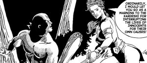 Panel from a black-and-white comic: a muscular, shadowy figure faces a woman wielding a sword in a forest setting.