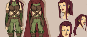 Character concept art of a female fantasy fighter in green leather armor with brown cross-straps and a red cape, plus four burgundy-haired headshots.