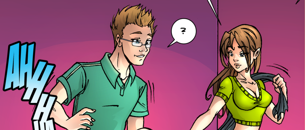 Two young adults in a comic-style scene: a man in a green polo with glasses looks confused as a woman in a lime-green top pulls on a cape, with a large 'AHHH' sound effect off to the side and a speech bubble containing a question mark.