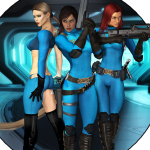 Three women in blue tactical suits pose with weapons in a futuristic corridor.