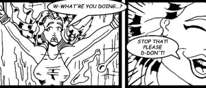 Comic panel: a surprised woman with arms raised, tears or droplets around, while another character pleads in a speech bubble: 'W-What're you doing...?' and 'Stop that! Please d-don't!'