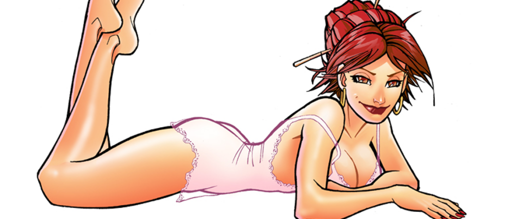 Stylized illustration of a woman in pink lace lingerie lying on her stomach, propped on her elbows and smiling.