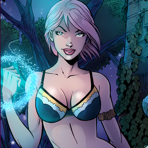 Stylized woman with short lavender hair in teal lingerie, summoning glowing blue magic by her left hand, night garden backdrop.