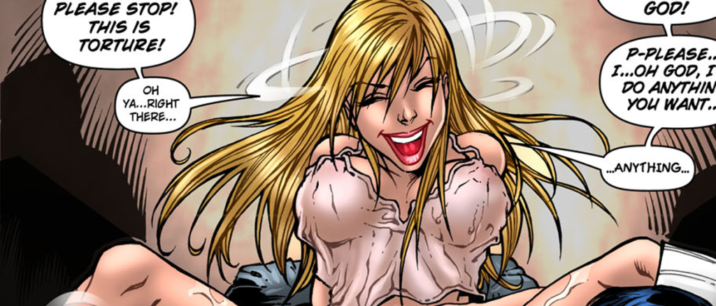 Comic panel: a distressed blonde woman in a torn blouse, pleading 'Please stop! This is torture!'