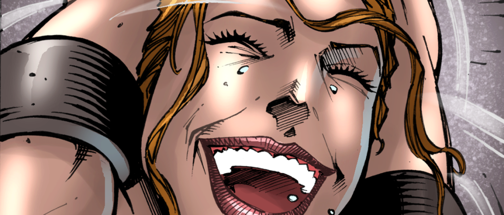 Close-up of a woman with hands on her head, mouth wide open in a loud scream, comic-style shading.