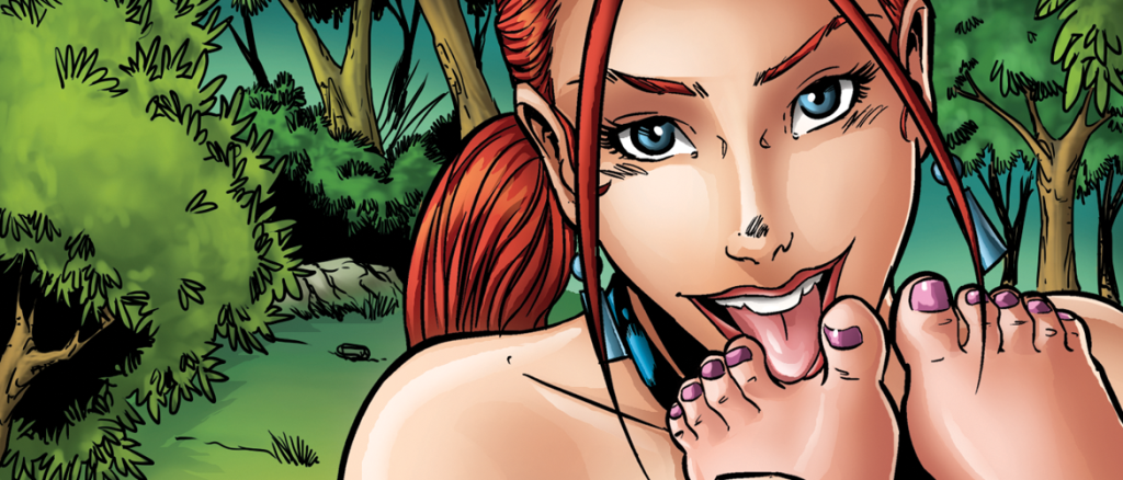 Cartoon woman with red hair in a forest, sticking out her tongue toward her toes.