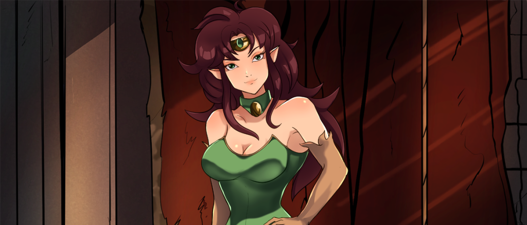 Elf-like woman with a green strapless dress and a gem on her forehead stands in a dim stone corridor.