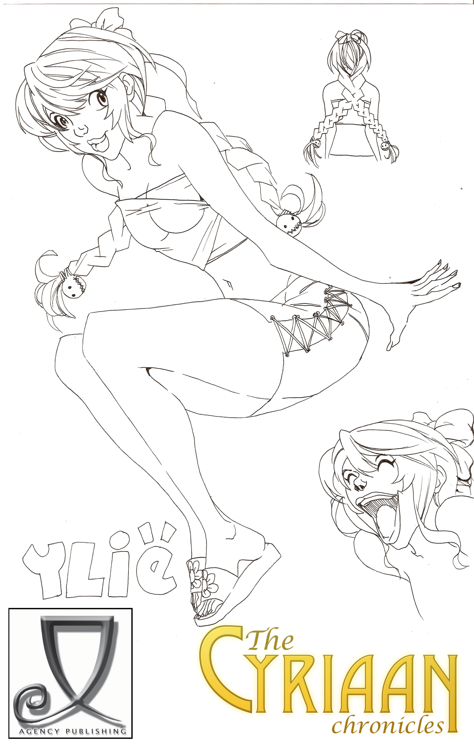 Line art of a cheerful anime-style girl with braids and ribbons, posed dynamically as cover art for 