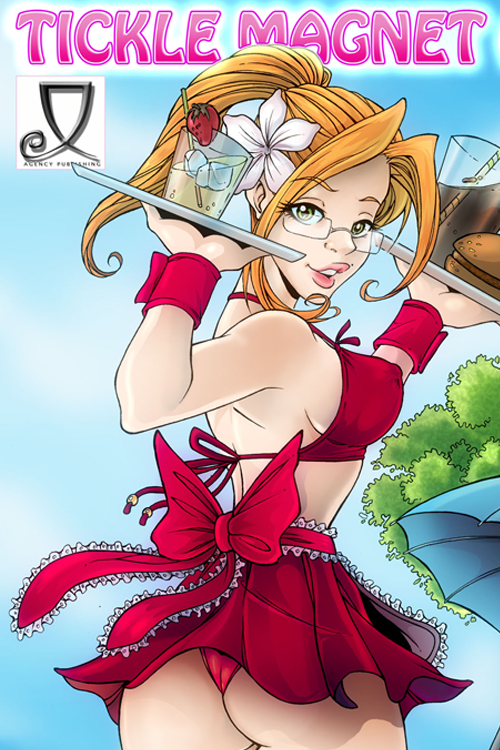 Pinup illustration of a glamorous waitress in a red outfit balancing a serving tray under the bold 'Tickle Magnet' title above.